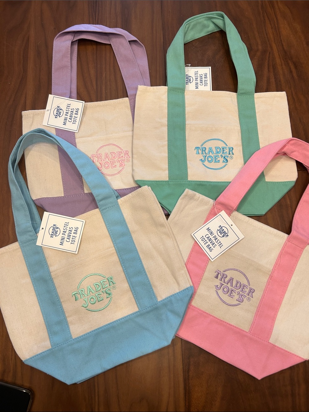 NWT Set of 4 Trader Joe’s mini Pastel Canvas Tote - Pink, Blue, Green, Lavender